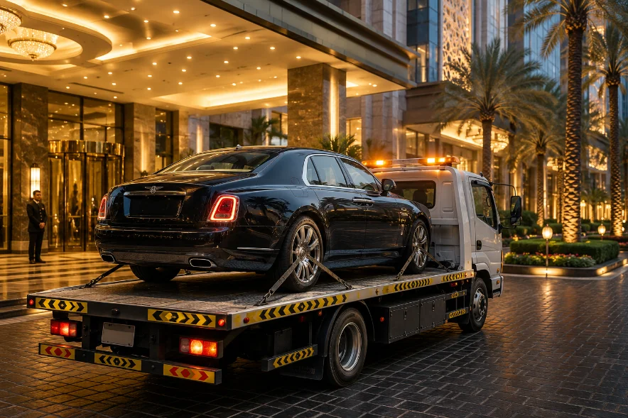 luxury car on a recovery flatbed at a Dubai hotel