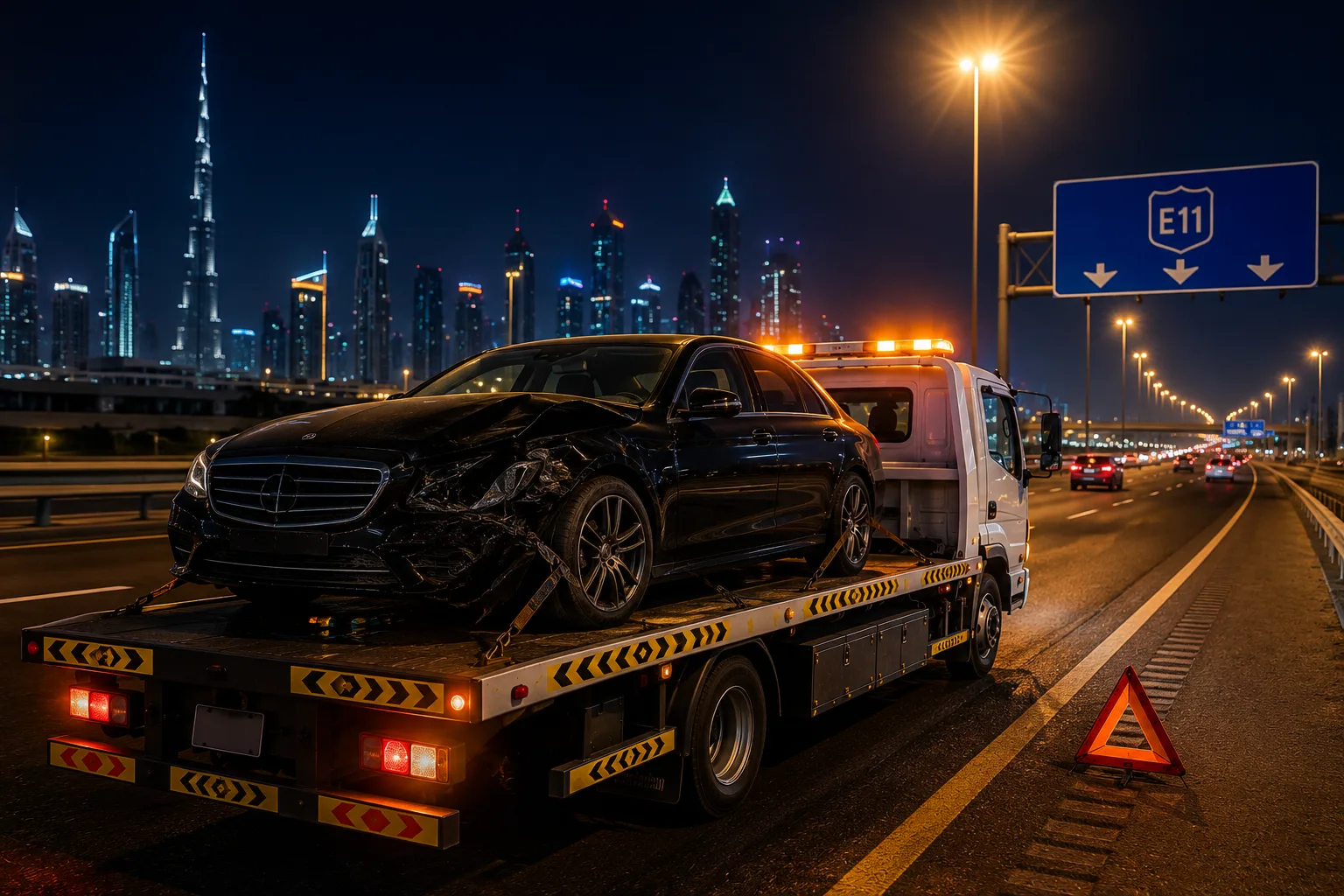 Accident-damaged car loaded on a recovery flatbed at night on E11 Dubai