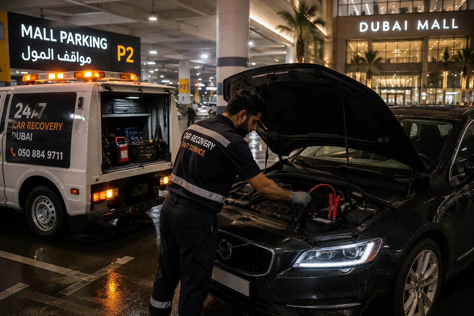 Technician jump-starting a car battery in Dubai Mall parking