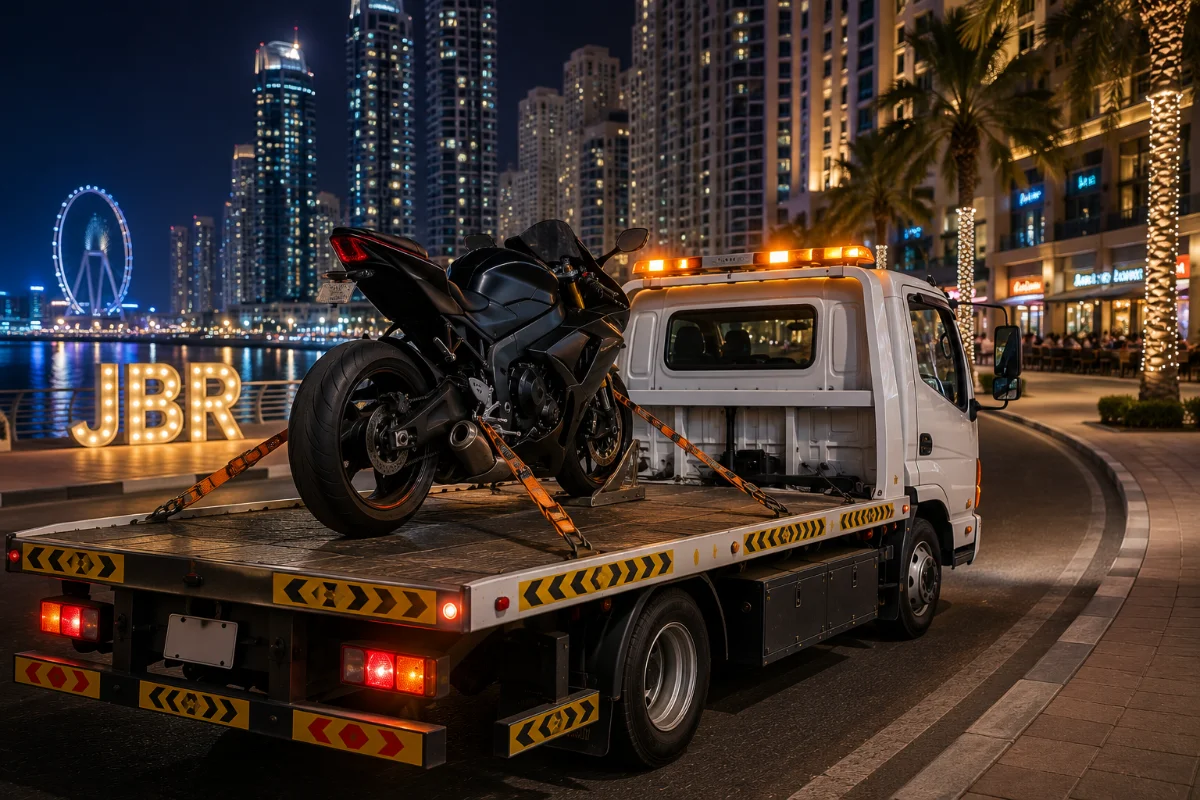 motorcycle secured upright on a recovery truck